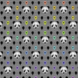 May include: A black and white repeating pattern of panda bear faces with colorful hearts in a geometric design.