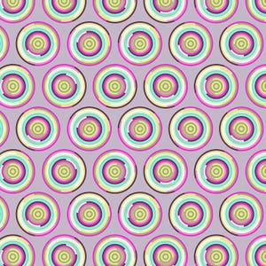 May include: A seamless pattern of concentric circles in shades of pink, green, and brown on a light purple background.
