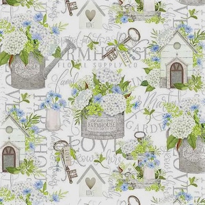 May include: A white fabric pattern featuring gray galvanized metal watering cans and buckets filled with white hydrangea and blue cornflower bouquets, alongside gray birdhouses, vintage keys, and cursive script text reading Farmhouse.