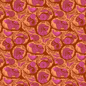 May include: A seamless pattern featuring a variety of woodland animals, including raccoons, squirrels, bears, rabbits, and hedgehogs. The animals are depicted in a pink silhouette against a brown and orange background.