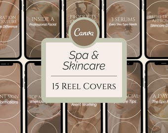 Puede incluir: Un conjunto de 15 portadas de carretes para spa y cuidado de la piel, diseñadas con una paleta de colores neutros. Las portadas presentan texto como "Spa & Skincare" y "15 Reel Covers", junto con otros temas relacionados con el cuidado de la piel.
