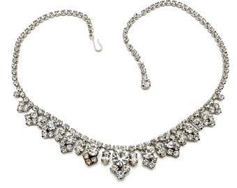 Vintage retro 1950s silver tone clear rhinestone geometric fringe necklace