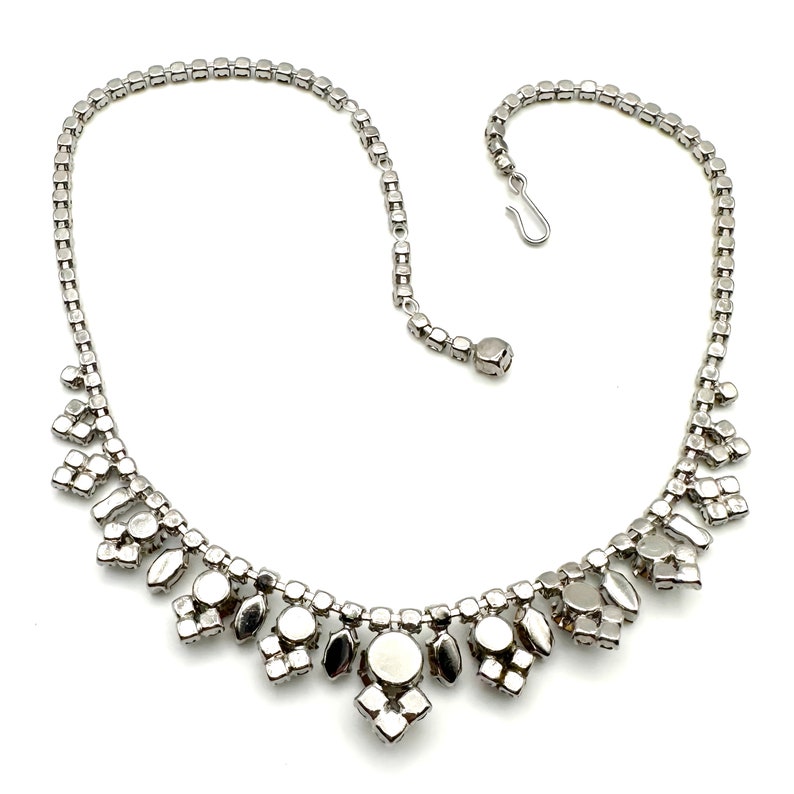 Vintage retro 1950s silver tone clear rhinestone geometric fringe necklace image 8