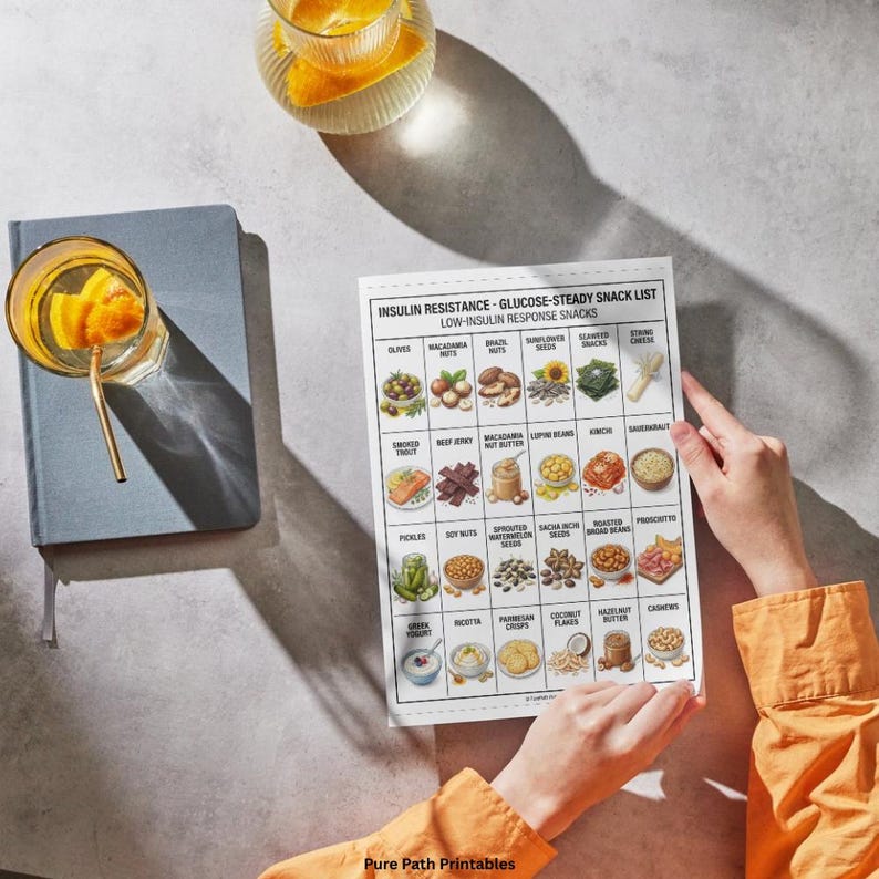 This 8-page bundle features an insulin resistance food list and printable PDF guide for blood sugar management. The high-quality digital download includes a low-glycemic fruit selection chart, healthy protein sources, and a visual guide to nutrition. Designed for PCOS diet support and diabetes wellness, it offers Eat, Limit, and Avoid categories. Available in A4, A5, and US Letter sizes, this bundle also includes a free bonus health resource.