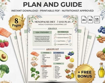 Plan de alimentación de 7 días para la menopausia / Lista semanal de alimentos saludables / Equilibrio hormonal y pérdida de peso