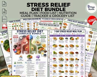 Stress Relief Diet Meal Plan Bundle + Food List: Stress Support Nutrition Printable PDF Download