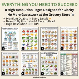 Comprehensive 8-page bundle of Healthy Kids Food List printables for pediatric nutrition education. This digital download includes a visual guide to health, cognitive wellness charts, and a detailed eat, limit, and avoid food list for healthy meal planning. Perfect for homeschooling parents and educators. Available in A4, A5, and US Letter sizes with a Free Bonus badge. Mockup features fresh blueberries, avocado, walnuts, and green juice.