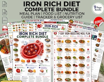 Iron Rich Diet Bundle Printable PDF | Meal Plan Food List & Grocery Checklist | Iron + Energy Tracker Nutrition Guide (PDF Download)