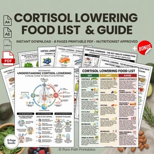 May include: A digital download bundle of 8 printable PDF pages focused on cortisol-lowering foods and health. The guide includes food lists, infographics, and information on gut health and stress management. The cover features the title "Cortisol Lowering Food List & Guide."