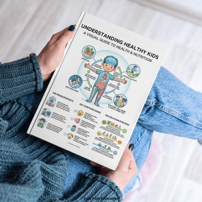 Comprehensive 8-page bundle of Healthy Kids Food List printables for pediatric nutrition education. This digital download includes a visual guide to health, cognitive wellness charts, and a detailed eat, limit, and avoid food list for healthy meal planning. Perfect for homeschooling parents and educators. Available in A4, A5, and US Letter sizes with a Free Bonus badge. Mockup features fresh blueberries, avocado, walnuts, and green juice.