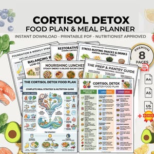 May include: A collection of printable PDF documents titled "Cortisol Detox Food Plan & Meal Planner." The documents feature meal plans, nutritional guides, and stress-busting snack ideas. The design includes colorful graphics and text, with options for A4, A5, and US Letter sizes.