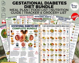 Paquete de plan de alimentación para la diabetes gestacional: lista de alimentos y guía de glucosa en sangre (PDF imprimible para descargar).