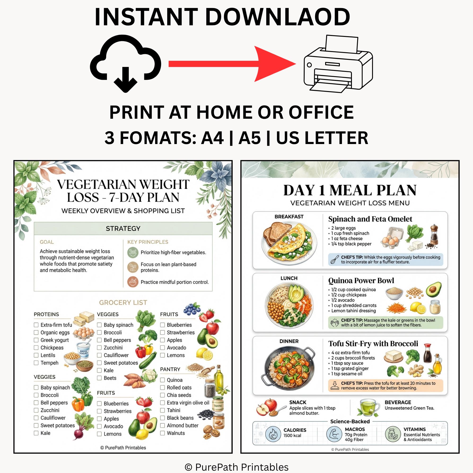 Vegetarian Weight Loss 7-day Meal Plan Printable PDF, Weekly Menu and ...