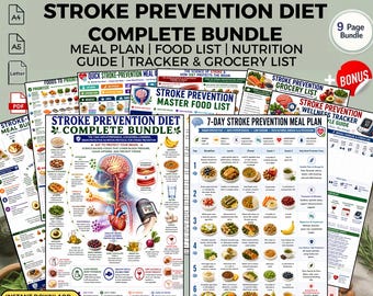Stroke Prevention Diet Bundle Printable PDF | 7-Day Meal Plan Food List & Grocery Checklist | Blood Pressure Tracker Nutrition Guide