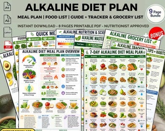 Piano alimentare per la dieta alcalina in formato PDF stampabile, guida nutrizionale per l'equilibrio del pH con lista della spesa e degli alimenti.