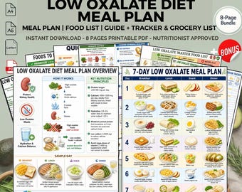Plan de comidas imprimible para una dieta baja en oxalatos: Guía de nutrición para una alimentación saludable y prevención de cálculos renales (PDF).