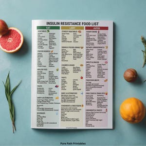 This 8-page bundle features an insulin resistance food list and printable PDF guide for blood sugar management. The high-quality digital download includes a low-glycemic fruit selection chart, healthy protein sources, and a visual guide to nutrition. Designed for PCOS diet support and diabetes wellness, it offers Eat, Limit, and Avoid categories. Available in A4, A5, and US Letter sizes, this bundle also includes a free bonus health resource.