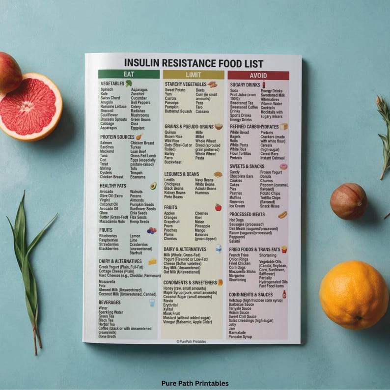 This 8-page bundle features an insulin resistance food list and printable PDF guide for blood sugar management. The high-quality digital download includes a low-glycemic fruit selection chart, healthy protein sources, and a visual guide to nutrition. Designed for PCOS diet support and diabetes wellness, it offers Eat, Limit, and Avoid categories. Available in A4, A5, and US Letter sizes, this bundle also includes a free bonus health resource.