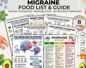 Migraine Food List: Printable PDF Diet Grocery Guide | Headache Relief Trigger Tracker Avoid
