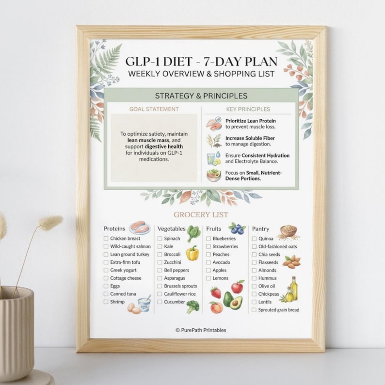 Comprehensive 7-day GLP-1 diet meal plan and weekly grocery list printable PDF featuring high-protein recipes, nutritional macros, and a wellness tracker bonus for weight loss management.