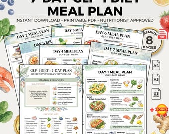 Plan de alimentación de 7 días con dieta GLP-1 / Lista de la compra semanal / Guía imprimible de nutrición para bajar de peso