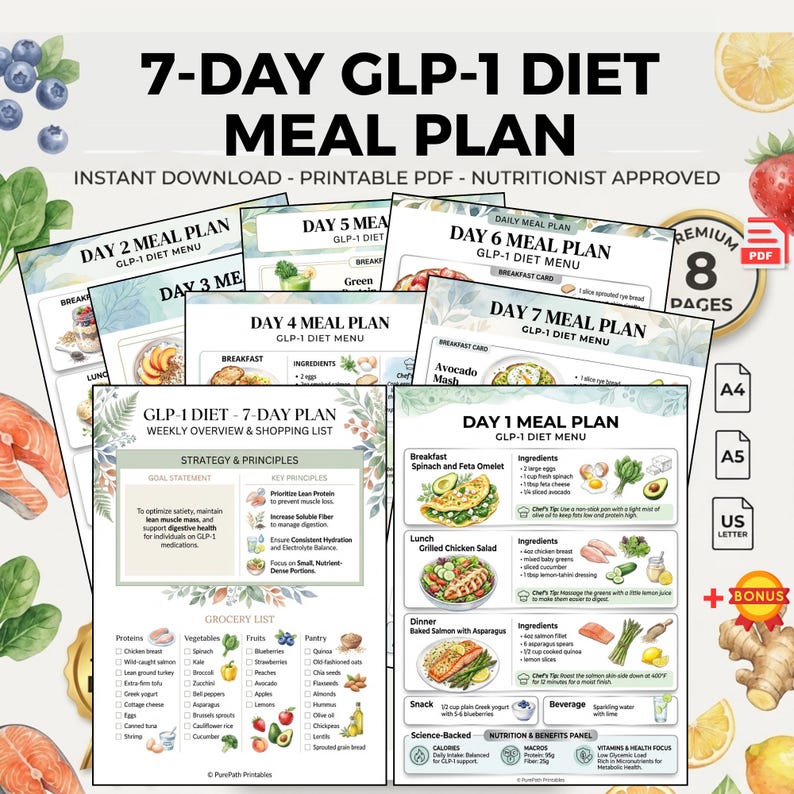 Comprehensive 7-day GLP-1 diet meal plan and weekly grocery list printable PDF featuring high-protein recipes, nutritional macros, and a wellness tracker bonus for weight loss management.