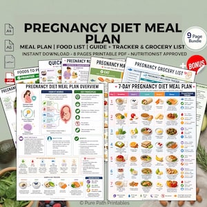 Puede incluir: Un conjunto de planes de comidas de dieta para el embarazo imprimibles. Los documentos incluyen un plan de comidas, una lista de alimentos, una guía, un rastreador y una lista de compras. El título principal dice "PREGNANCY DIET MEAL PLAN".