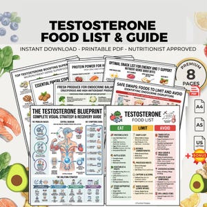 Puede incluir: Guía en PDF imprimible "Lista y guía de alimentos para la testosterona". Presenta listas de alimentos para comer, limitar y evitar, además de un plano para una estrategia de recuperación. Descarga instantánea.