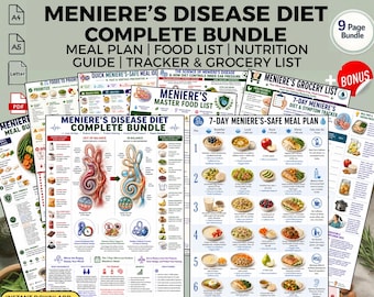 Meniere’s Disease Diet Meal Plan Bundle Printable PDF | Low Sodium Food List & Grocery Checklist | Vertigo Symptom Tracker