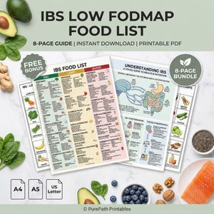 May include: A collection of printable IBS Low FODMAP food lists and guides. The documents include lists of foods to eat, limit, and avoid, along with an understanding of IBS and its symptoms. The image also includes fresh produce and the text "8-PAGE GUIDE | INSTANT DOWNLOAD | PRINTABLE PDF."