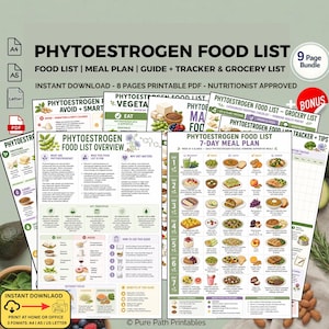 Może przedstawiać: Zestaw drukowanych dokumentów PDF zatytułowanych "Phytoestrogen Food List". Zestaw zawiera listę produktów spożywczych, plan posiłków, przewodnik, tracker i listę zakupów. Dokumenty zawierają szczegółowe informacje i kolorowe ilustracje.