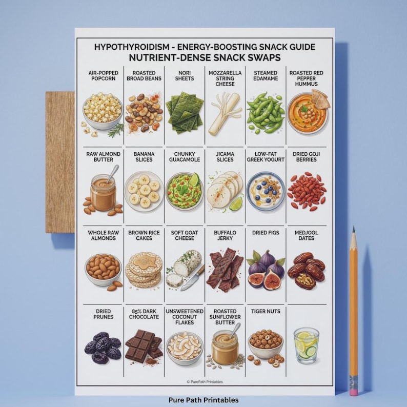 Hypothyroidism Food List & Guide 8-Page Bundle featuring a comprehensive printable PDF for thyroid health and Hashimoto's diet. This instant download includes A4, A5, and US Letter sizes. The graphics show detailed food charts for iodine-rich proteins, metabolism-boosting snacks, and an 'Eat, Limit, Avoid' list. Also includes a visual guide on TSH, T4, and T3 hormone function, key symptoms, and nutritional support strategies for hypothyroidism.