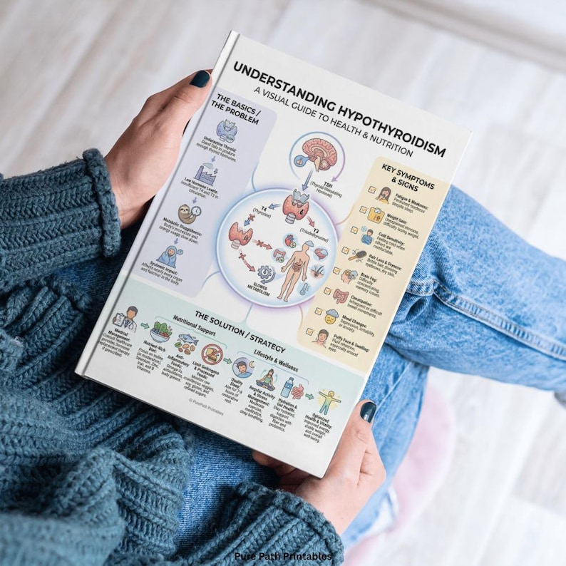 Hypothyroidism Food List & Guide 8-Page Bundle featuring a comprehensive printable PDF for thyroid health and Hashimoto's diet. This instant download includes A4, A5, and US Letter sizes. The graphics show detailed food charts for iodine-rich proteins, metabolism-boosting snacks, and an 'Eat, Limit, Avoid' list. Also includes a visual guide on TSH, T4, and T3 hormone function, key symptoms, and nutritional support strategies for hypothyroidism.