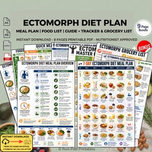 Pode incluir: Um conjunto de documentos PDF imprimíveis intitulados "Ectomorph Diet Plan". Os documentos incluem planos de refeições, listas de alimentos, guias, rastreadores e listas de compras. As páginas apresentam exemplos de refeições e informações nutricionais.