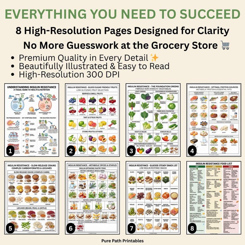 This 8-page bundle features an insulin resistance food list and printable PDF guide for blood sugar management. The high-quality digital download includes a low-glycemic fruit selection chart, healthy protein sources, and a visual guide to nutrition. Designed for PCOS diet support and diabetes wellness, it offers Eat, Limit, and Avoid categories. Available in A4, A5, and US Letter sizes, this bundle also includes a free bonus health resource.
