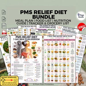 Könnte beinhalten: Ein Bundle aus druckbaren PMS-Diätratgebern, Essensplänen und Trackern. Die Dokumente umfassen einen 7-Tage-Essensplan-Überblick, eine Master-Lebensmittelliste und eine Einkaufsliste. Das Bundle enthält auch einen Bonus von 9 Seiten.