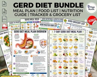 Plan de alimentación y lista de alimentos para la dieta ERGE: Guía nutricional para el alivio digestivo del reflujo ácido (PDF imprimible).