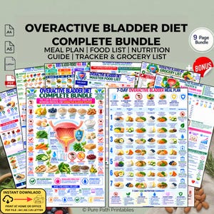 May include: A digital bundle of printable documents titled Overactive Bladder Diet Complete Bundle, featuring a 7-day meal plan, food lists, nutrition guides, trackers, and grocery lists with colorful illustrations of food and anatomy.