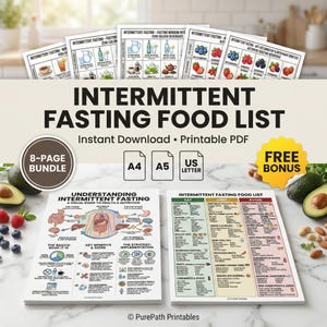 Può includere: Una raccolta di liste e guide stampabili sul digiuno intermittente. Il titolo principale recita "Intermittent Fasting Food List" con "Instant Download • Printable PDF" sotto. Include un pacchetto di 8 pagine, formati A4, A5 e US Letter e un bonus gratuito.