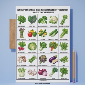 A comprehensive 8-page intermittent fasting food list bundle available as an instant download printable PDF in A4, A5, and US Letter sizes. This healthy eating guide includes a visual understanding of metabolic switches, ketosis, and autophagy. Features detailed lists for zero-calorie beverages and anti-inflammatory foods. The mockup shows 'Eat, Limit, and Avoid' categories with a free bonus icon, surrounded by fresh berries and avocado imagery.