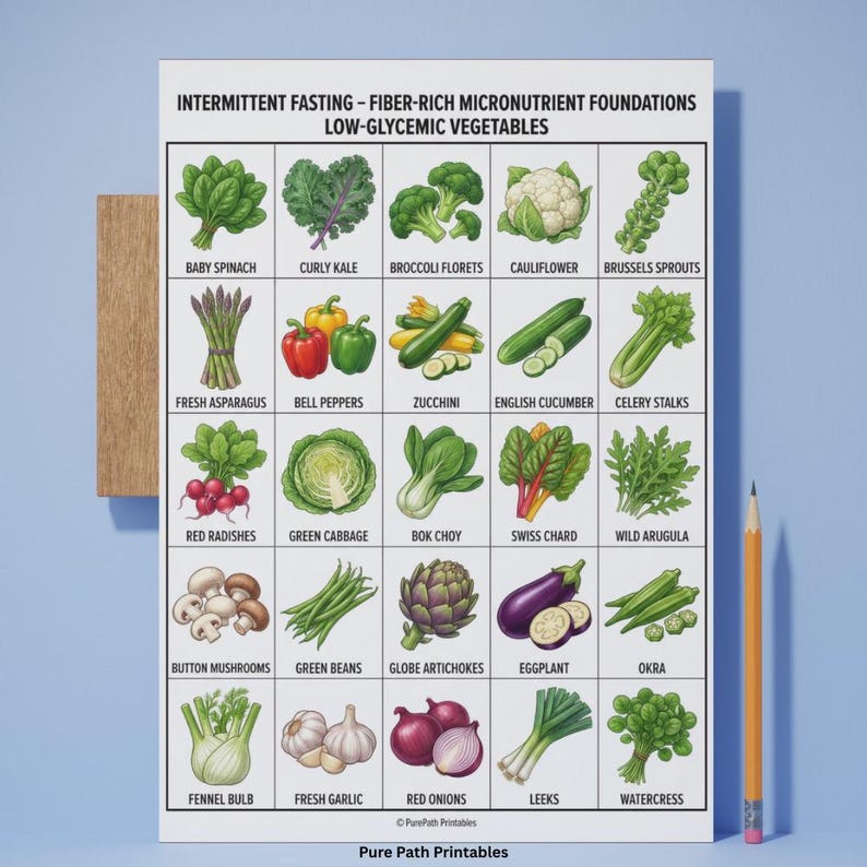 A comprehensive 8-page intermittent fasting food list bundle available as an instant download printable PDF in A4, A5, and US Letter sizes. This healthy eating guide includes a visual understanding of metabolic switches, ketosis, and autophagy. Features detailed lists for zero-calorie beverages and anti-inflammatory foods. The mockup shows 'Eat, Limit, and Avoid' categories with a free bonus icon, surrounded by fresh berries and avocado imagery.