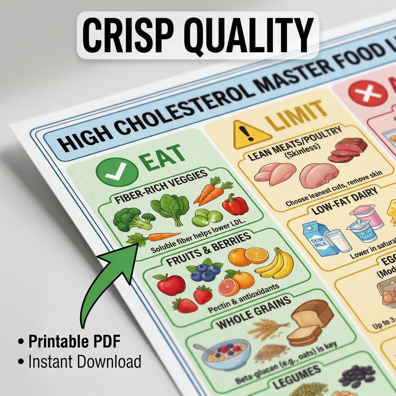 Printable Cholesterol Chart.pdf High Cholesterol Food Guide, Heart Healthy Diet, Visual Chart (PDF ...