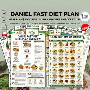 Può includere: Una raccolta di documenti PDF stampabili intitolati "Daniel Fast Diet Plan". I documenti includono piani alimentari, liste di alimenti, guide e tracker. Le pagine presentano grafica e testo colorati, con un focus sull'alimentazione sana e il rinnovamento spirituale.