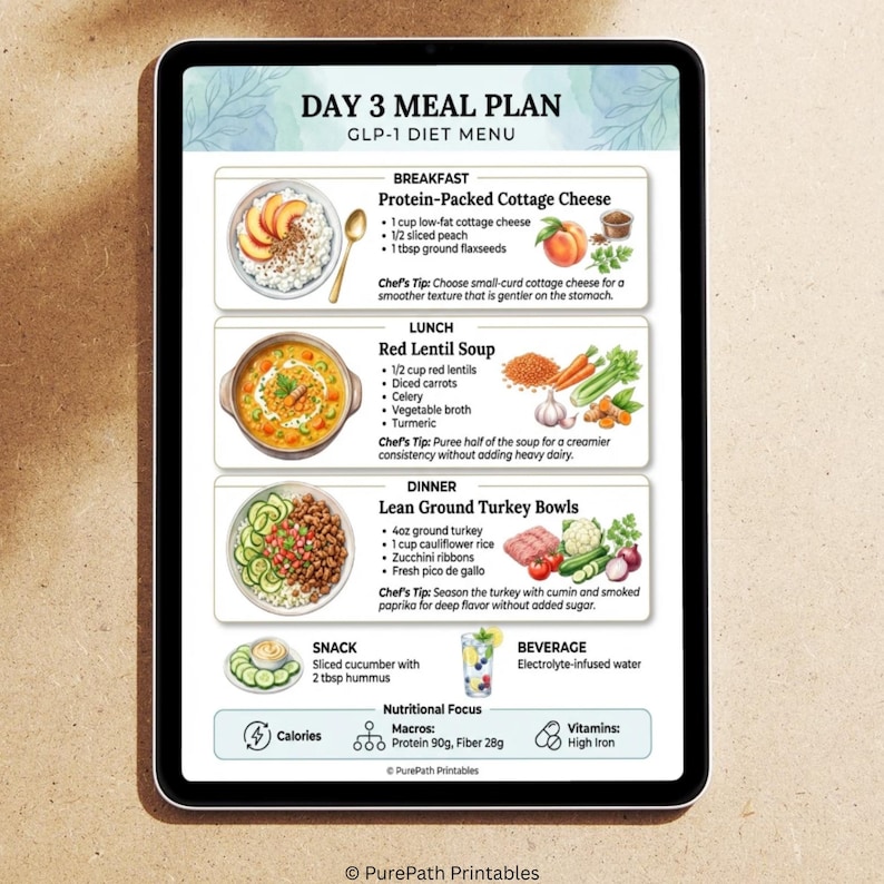 Comprehensive 7-day GLP-1 diet meal plan and weekly grocery list printable PDF featuring high-protein recipes, nutritional macros, and a wellness tracker bonus for weight loss management.