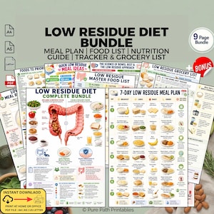 Puede incluir: Un paquete digital de dieta baja en residuos que incluye un plan de comidas de 7 días, lista de alimentos, lista de compras y guía nutricional. Los documentos contienen gráficos, ilustraciones del colon humano e iconos de alimentos.