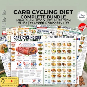 May include: A digital carb cycling diet complete bundle featuring a 9-page set of printable guides, meal plans, food lists, and trackers. The documents include text, charts, and food illustrations for a 7-day plan in A4, A5, and Letter sizes.