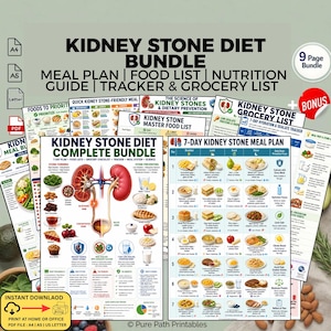 May include: A digital kidney stone diet bundle featuring multiple printable pages including a 7-day meal plan, food lists, nutrition guide, tracker, and grocery list. The documents contain charts, illustrations of kidneys, and food photography.