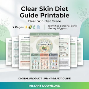 Peut inclure: Un guide imprimable intitulé "Clear Skin Diet Guide" avec le texte "Acne Survival Kit" sur la couverture. Le guide comprend 7 pages et identifie les déclencheurs alimentaires personnels de l'acné. Produit numérique, prêt à imprimer.