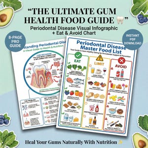 May include: A visual infographic titled "The Ultimate Gum Health Food Guide" with an "Eat & Avoid Chart" for periodontal disease. The guide includes food lists, diagrams, and the text "Heal Your Gums Naturally With Nutrition."