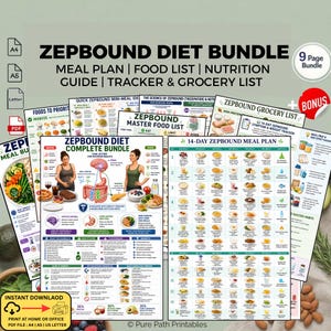 May include: A 9-page Zepbound Diet Bundle digital download featuring a meal plan, food list, nutrition guide, tracker, and grocery list. The documents include charts, illustrations of food, and diagrams of the human digestive system with text.